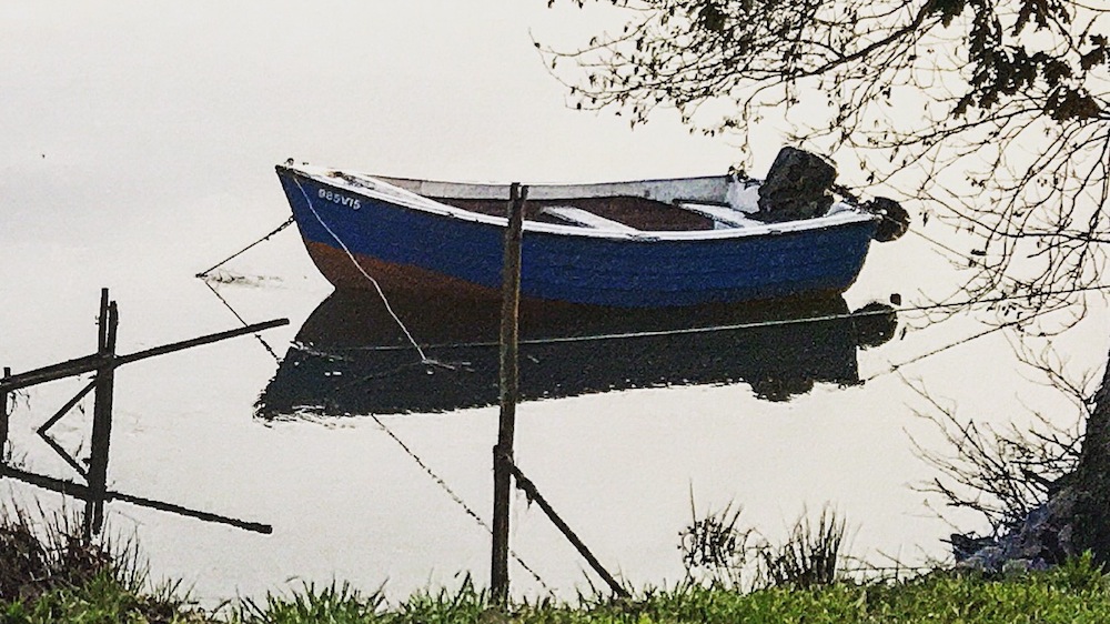 Boat anchored in the river Lima (North of Portugal), at sunset of one day in November 2015.