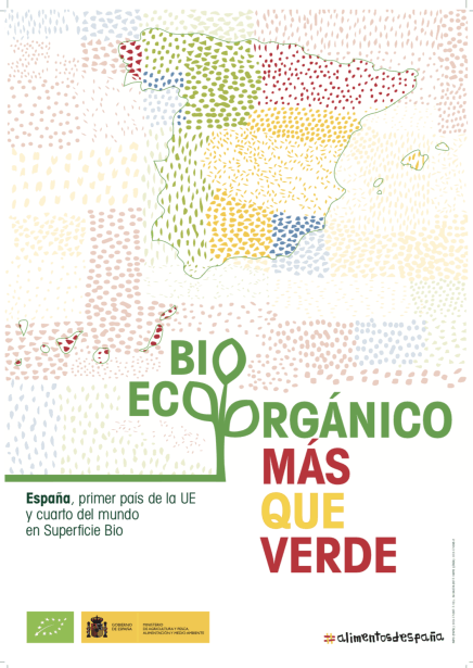 Fotografía de un cartel publicitario editado por el Ministerio de Agricultura de España con referencia a la promoción de la agricultura ecológica en el país.