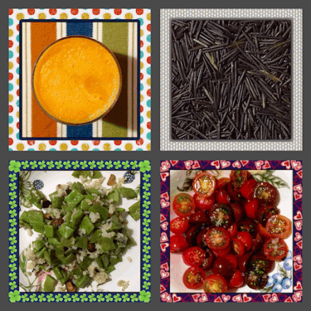 Collage created with photos of four different plates for the guide of recipes organized by color: orange, black, red and green.